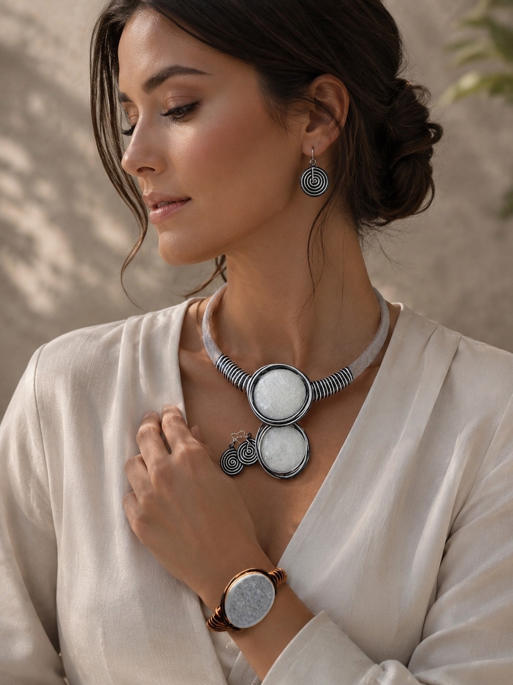 No Boundaries Silver-Tone Double Disc Necklace with Spiral Accent